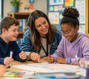 children surrounding a teacher at a table looking at a book