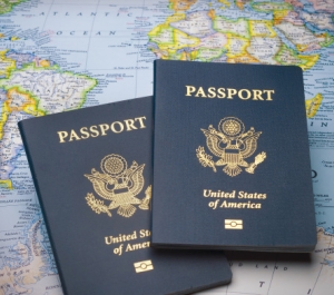 two passports on a world map